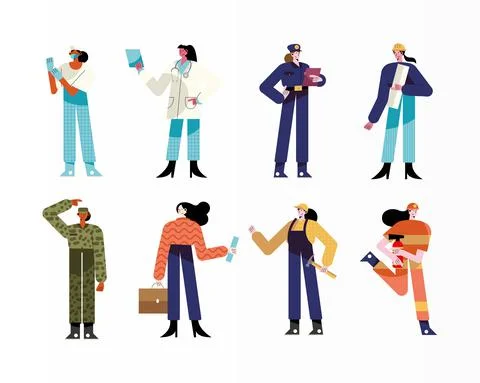 Bundle of eight women different professions characters Stock Illustration