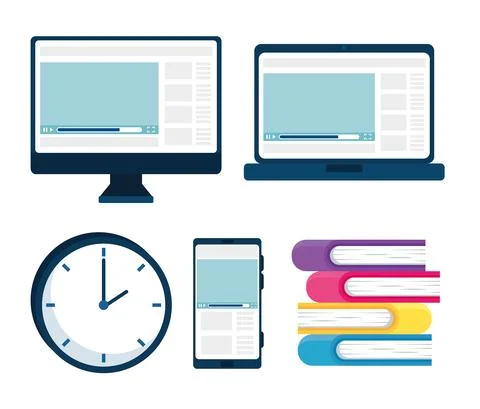 Bundle of electronic devices and books Stock Illustration