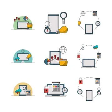 Bundle of electronics devices and infocharts icons 库存插图