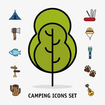 Bundle of eleven camping set line and fill icons and lettering Stock Illustration