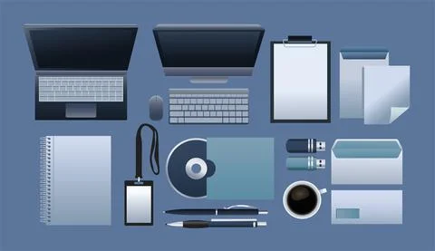 Bundle of eleven mockup branding elements in blue background Stock Illustration