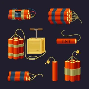 Bundle of explosives set. Red sticks of dynamite with timer prepared bomb with Illustrazione stock