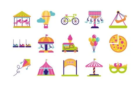 Bundle of fair entertainment set icons 스톡 일러스트