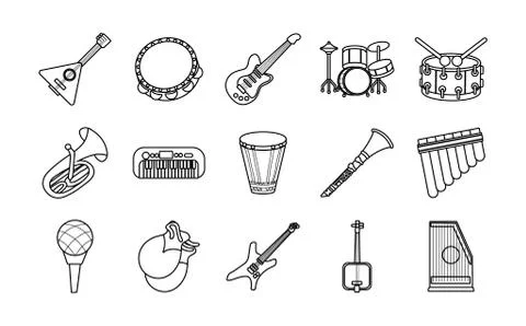 Bundle of fifteen musical instruments set icons Stock Illustration