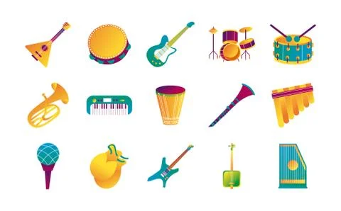 Bundle of fifteen musical instruments set icons Stock Illustration