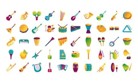 Bundle of fifty musical instruments set icons イラスト素材