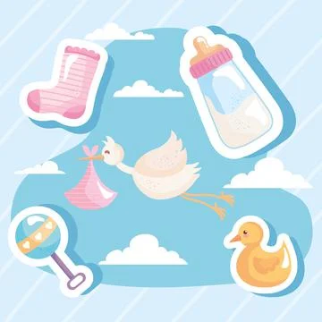 Bundle of five baby shower set icons in the sky 库存插图