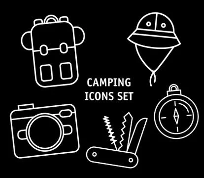 Bundle of five camping set icons and lettering Stockillustratie
