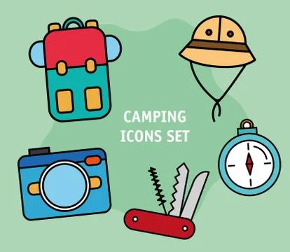 Bundle of five camping set line and fill icons and lettering Stockillustratie