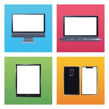 Bundle of five devices mockup branding icons Stock Illustration