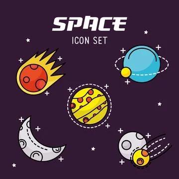 Bundle of five space set line and fill style icons and lettering 스톡 일러스트