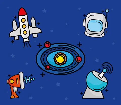 Bundle of five space set line and fill style icons 스톡 일러스트