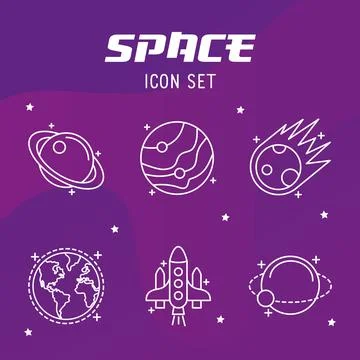 Bundle of five space set line style icons and lettering Illustrazione stock