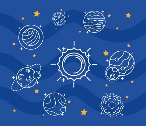 Bundle of five space set line style icons Stock Illustration
