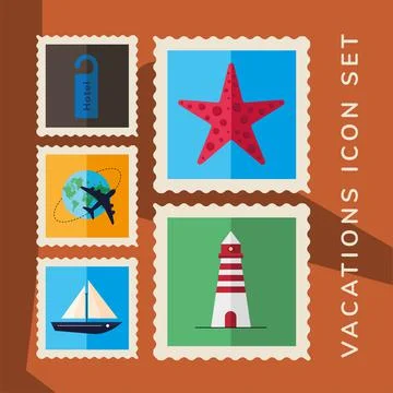 Bundle of five vacations stamps icons 스톡 일러스트