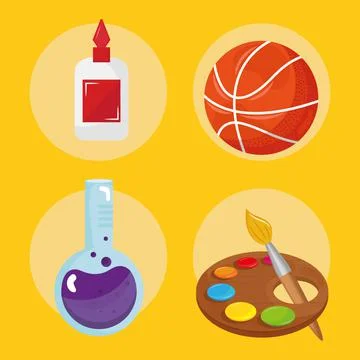 Bundle of four back to school set icons Illustrazione stock