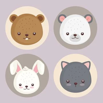 Bundle of four cute animals head set icons Stock Illustration
