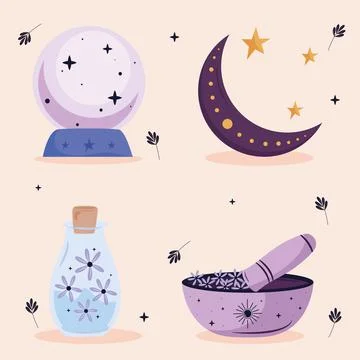 Bundle of four esoteric art set icons Stock Illustration