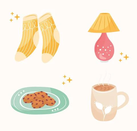 Bundle of four hygge style set icons 스톡 일러스트