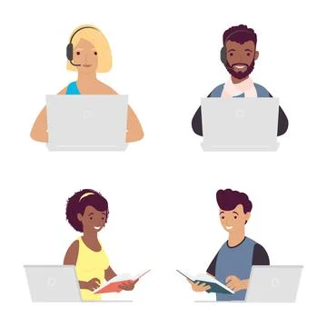 Bundle of four students with laptops education online Stock Illustration