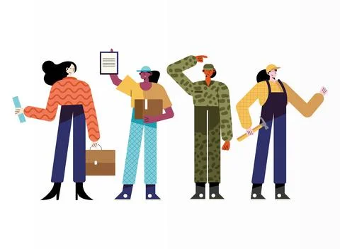 Bundle of four women different professions characters Stock Illustration