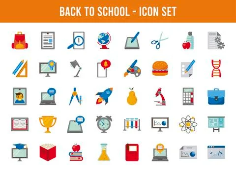Bundle of fourty back to school set icons with lettering Stock Illustration