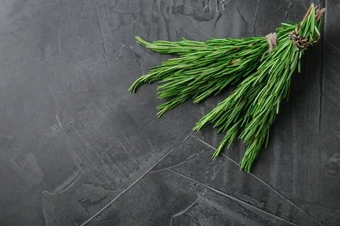 Bundle of fresh rosemary on grey background, top view. Space for text Stock Photos