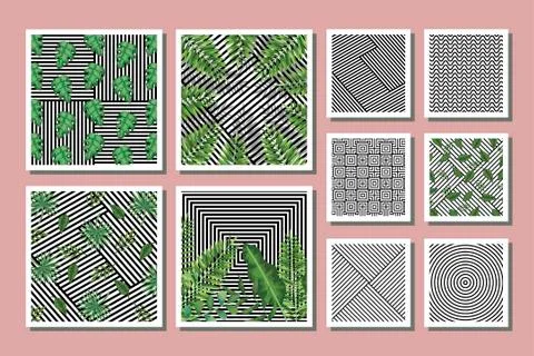 Bundle of geometric patterns with leafs tropicals Stock Illustration