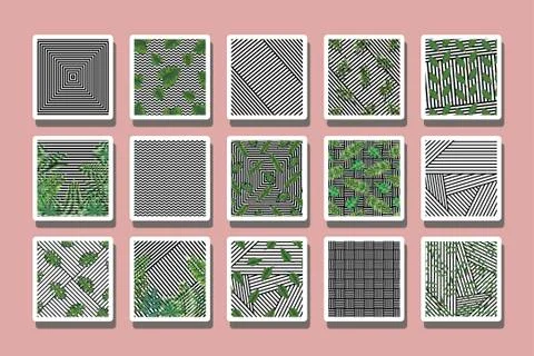 Bundle of geometric patterns with leafs tropicals Stock Illustration