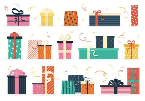 Bundle of gift boxes in flat style. Stockillustratie