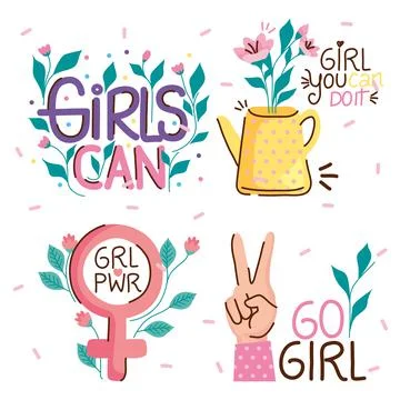 Bundle of girl power elements and letterings 스톡 일러스트