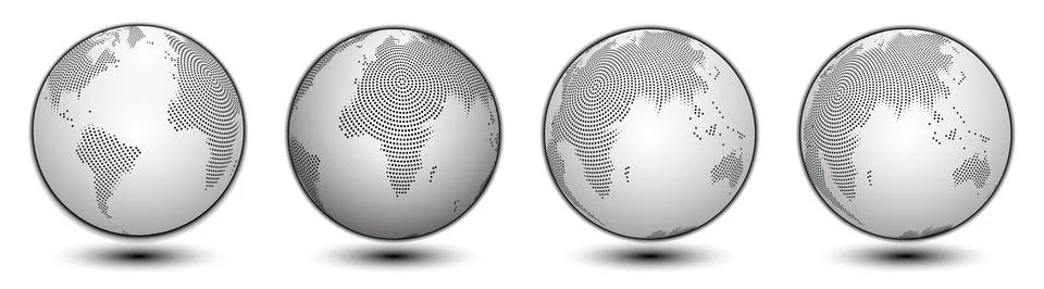 Bundle of globes of earth in vector round dotted pattern art shape. Globes .. Stock Illustration