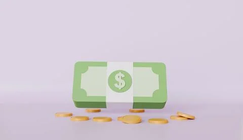 Bundle of green banknotes dollar bill and coins, business profit, investment Stock Illustration