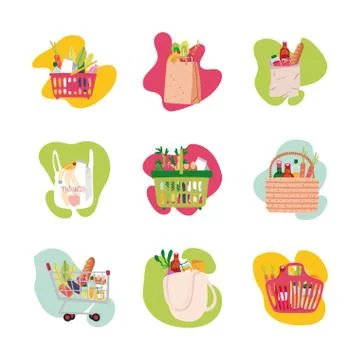 Bundle of groceries set icons Illustrazione stock