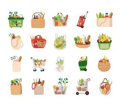 Bundle of groceries set icons Illustrazione stock