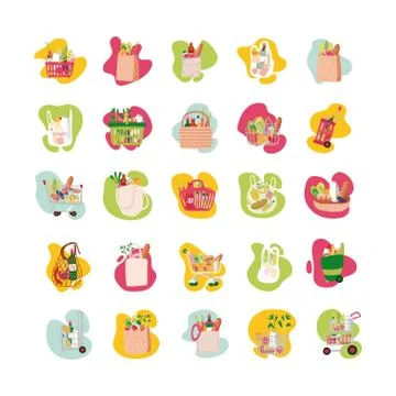 Bundle of groceries set icons Illustrazione stock
