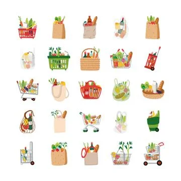 Bundle of groceries set icons Illustrazione stock