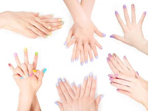 Bundle of hands with shellac art manicure Foto stock