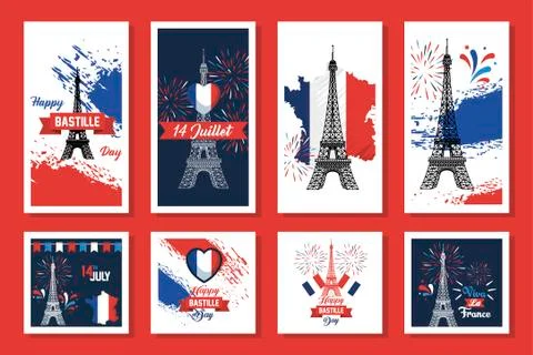 Bundle of happy bastille day and icons Stock Illustration
