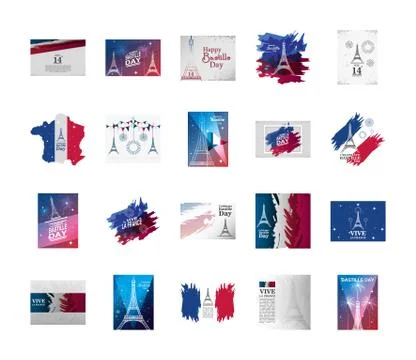 Bundle of happy bastille day and icons Stock Illustration