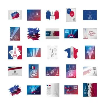 Bundle of happy bastille day and icons Ilustración de archivo