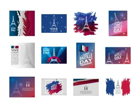 Bundle of happy bastille day and icons Stock Illustration