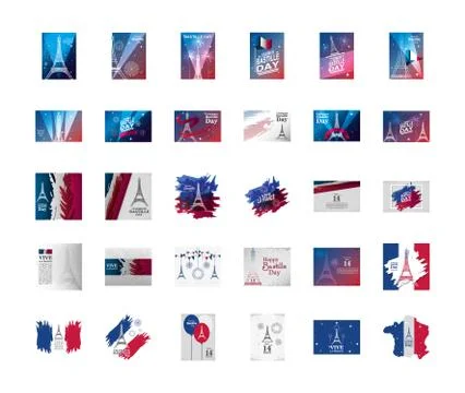Bundle of happy bastille day and icons 스톡 일러스트