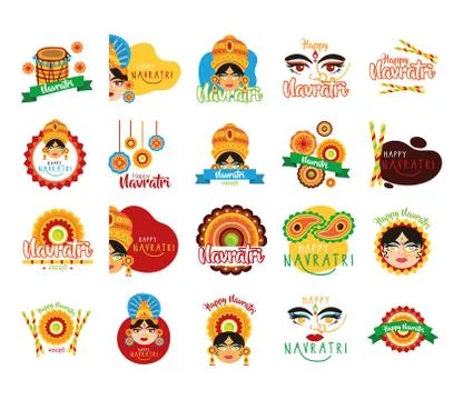Bundle of happy navratri celebration set icons Stock Illustration