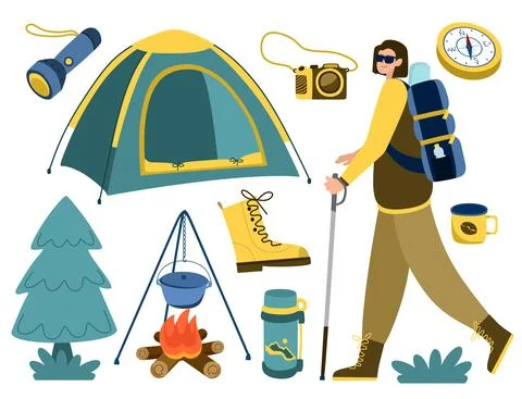Bundle hiking. A man with a backpack is going on a hike, a campfire, a tent,  Stock Illustration
