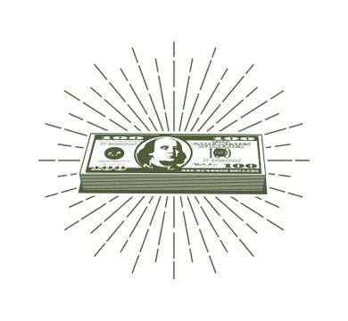 Bundle of hundred dollar bills and retro hipster sunburst around Stock Illustration
