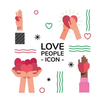 Bundle of interracial hands and love people set icons and lettering 스톡 일러스트