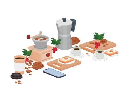 Bundle of items for cooking and drinking coffee Stock Illustration