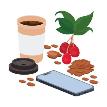 Bundle of items for drinking coffee on white background Stock Illustration
