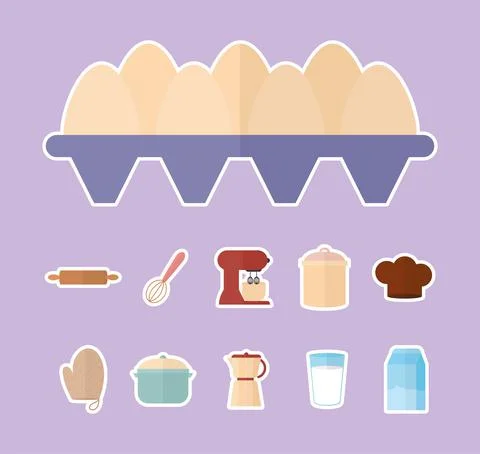 Bundle of kitchenware icons on a purple background Stock Illustration